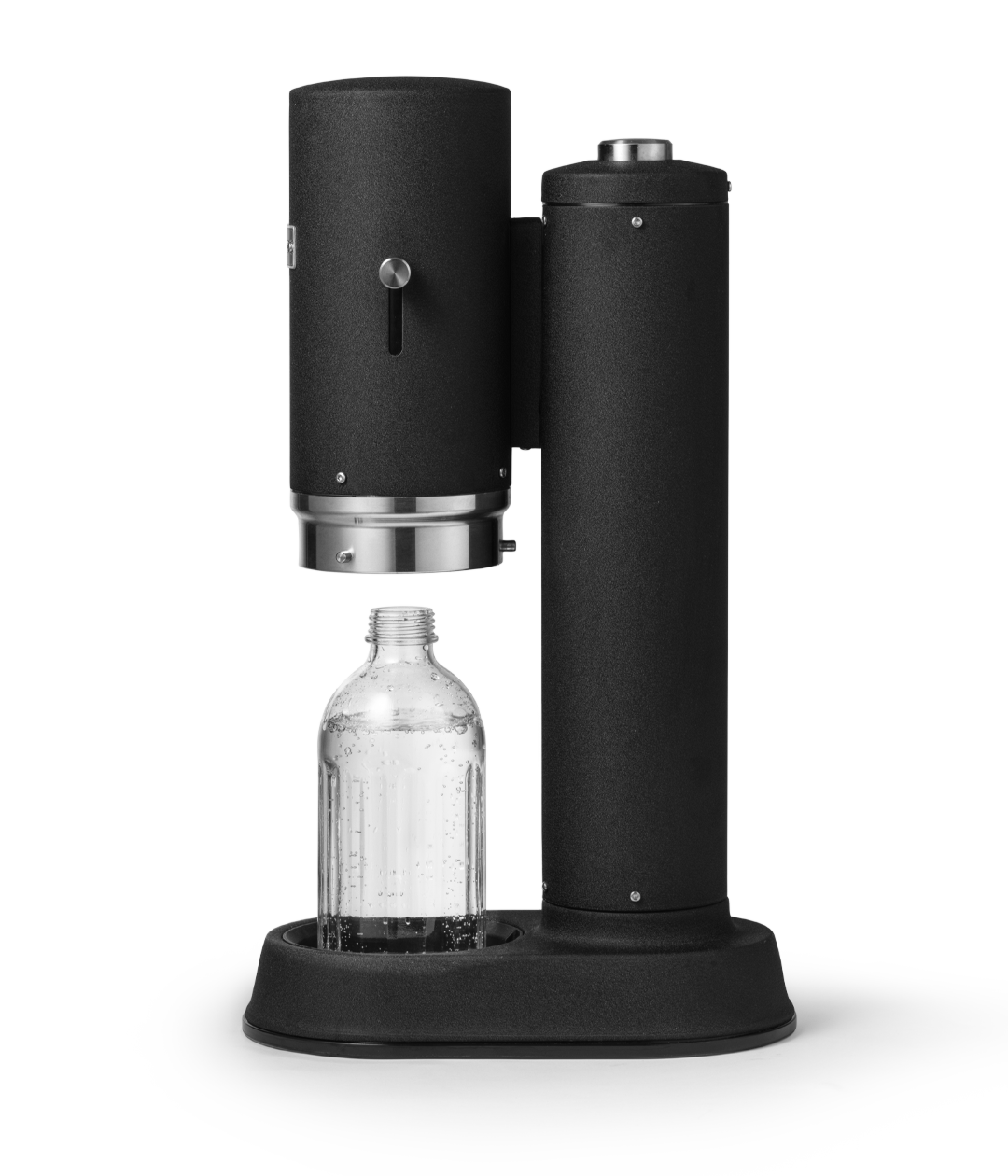Aarke Carbonator Pro in Matte Black. Side view with chamber open and Glass Bottle sitting inside.