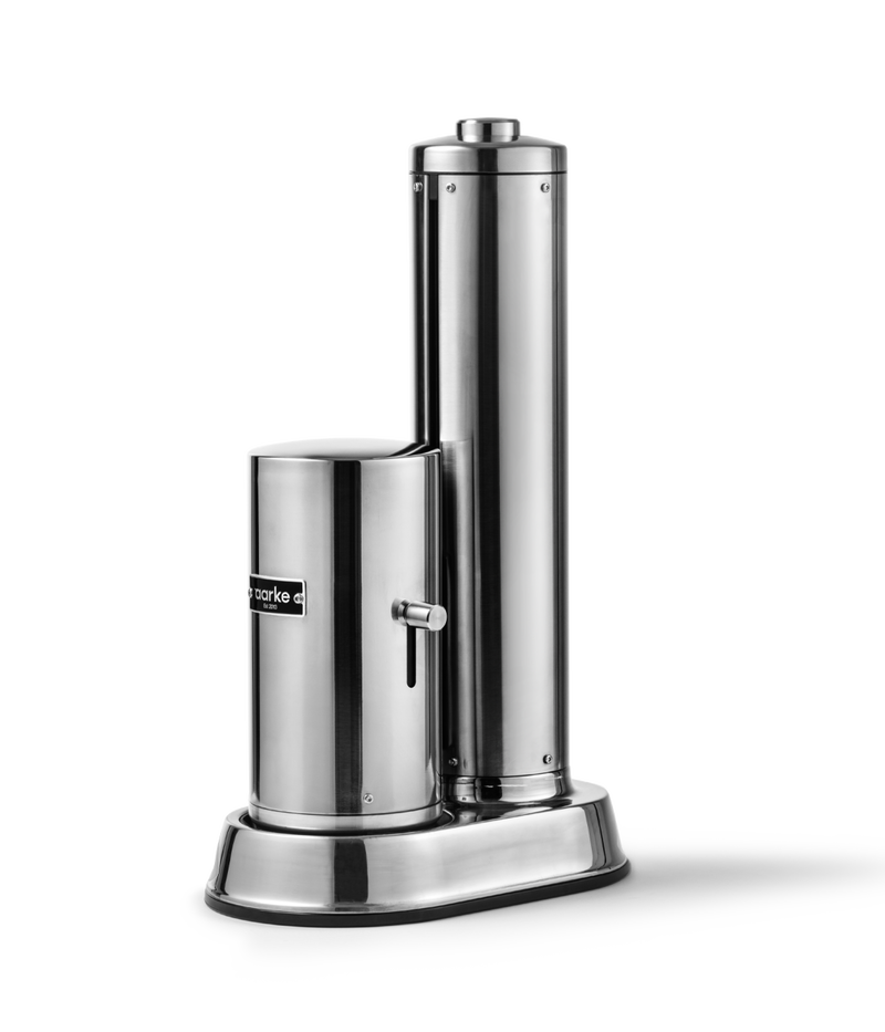 Aarke Carbonator Pro in Stainless Steel. Side view with chamber closed.