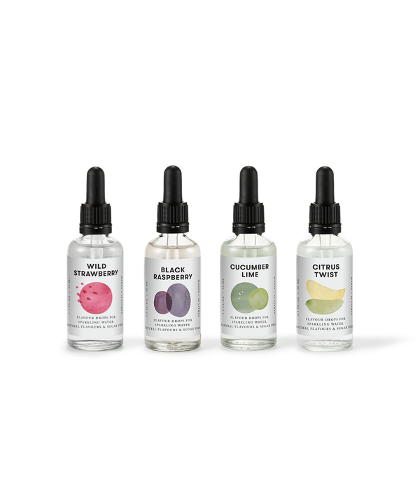 Four of Aarke's top flavor drops. Wild Strawberry, Black Raspberry, Cucumber Lime, and Citrus Twist flavor drops.