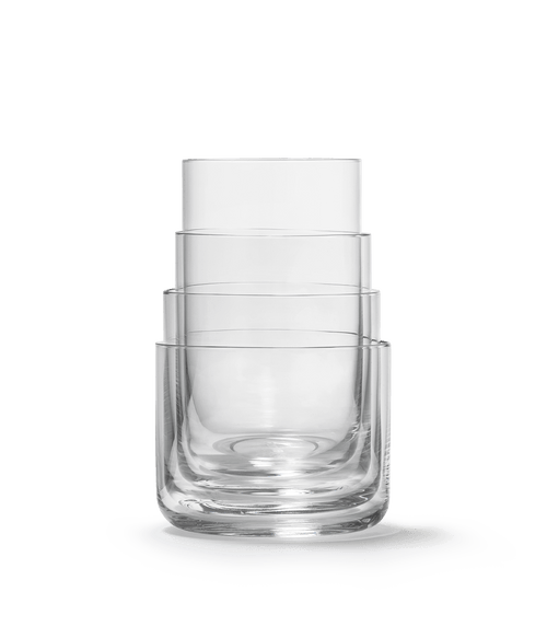 Set of 4 Aarke Nesting Glasses stacked to show compact storage design.