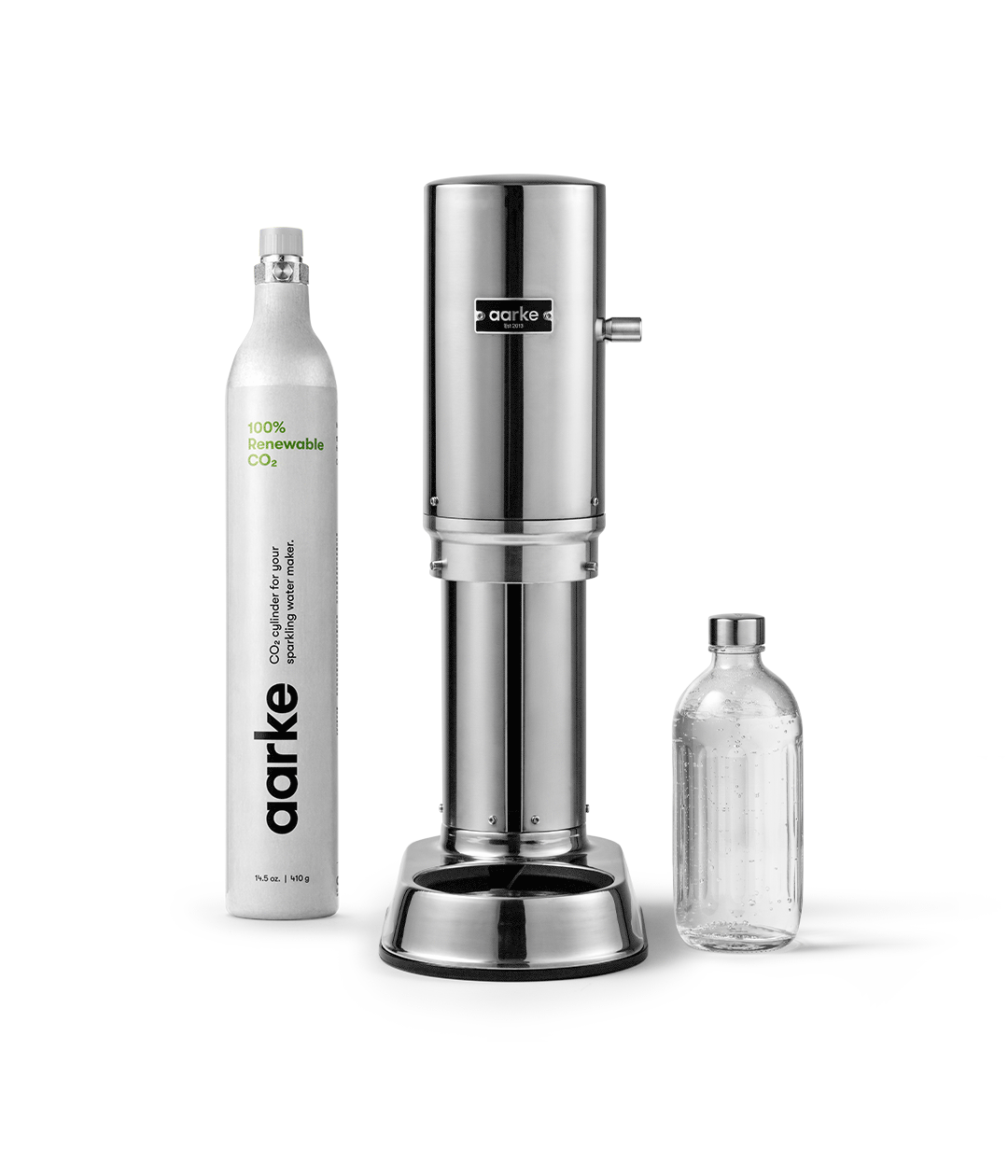 Aarke Carbonator Pro in Stainless Steel with 1 Aarke CO2 Cylinder and 1 Glass Bottle.