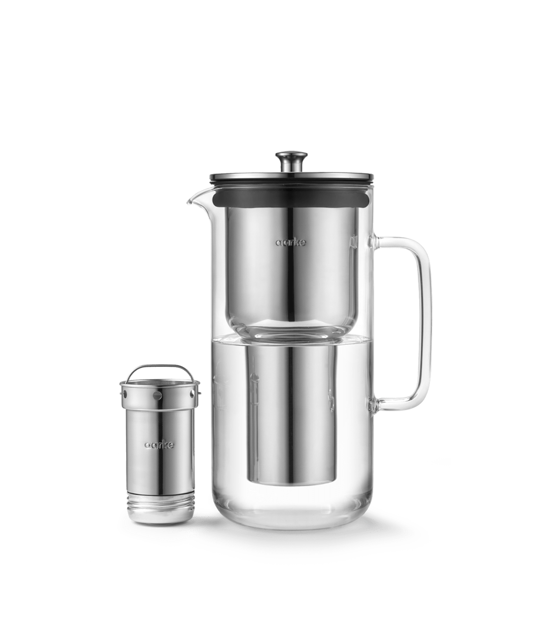 Front view of the Aarke Purifier together with steel filter cartridge.